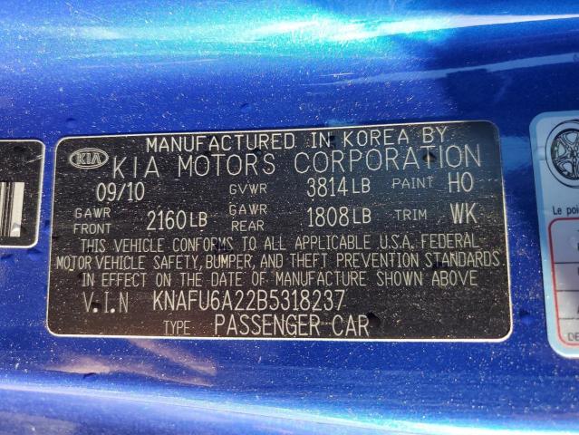 KNAFU6A22B5318237 - 2011 KIA FORTE EX BLUE photo 12