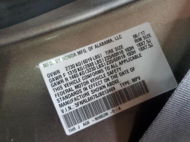 5FNRL6H78JB013469 - 2018 HONDA ODYSSEY EXL GRAY photo 13