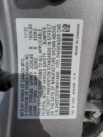 2HGFC2F87MH514490 - 2021 HONDA CIVIC SPORT 灰色 照片 12