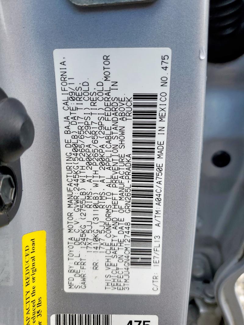 3TMJU4GN4CM127448 - 2012 TOYOTA TACOMA DOUBLE CAB PRERUNNER SILVER photo 12