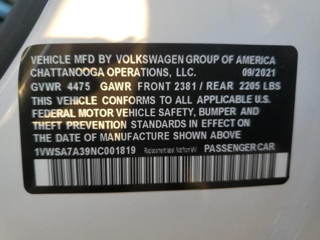 1VWSA7A39NC001819 - 2022 VOLKSWAGEN PASSAT SE WHITE photo 12