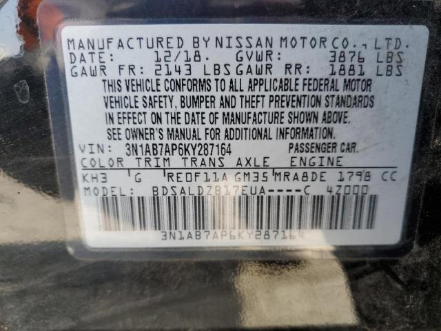 3N1AB7AP6KY287164 - 2019 NISSAN SENTRA S BLACK photo 12