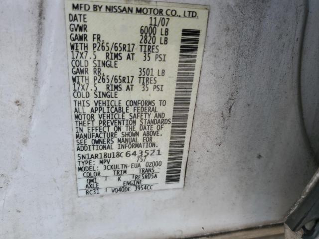 5N1AR18U18C643521 - 2008 NISSAN PATHFINDER S თეთრი ფოტო 13