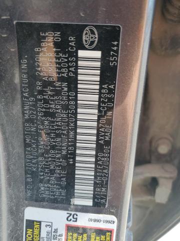 4T1B11HK1KU750810 - 2019 TOYOTA CAMRY L GRAY photo 12
