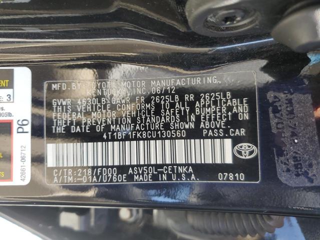 4T1BF1FK8CU130560 - 2012 TOYOTA CAMRY BASE BLACK photo 12