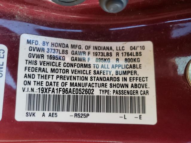 19XFA1F96AE052602 - 2010 HONDA CIVIC EXL MAROON photo 12