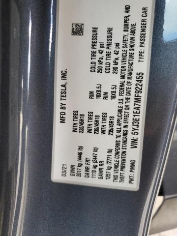 5YJ3E1EA7MF922455 - 2021 TESLA MODEL 3 GRAY photo 13