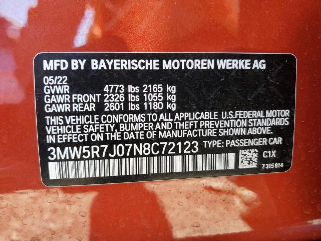 3MW5R7J07N8C72123 - 2022 BMW 330XI ORANGE photo 12