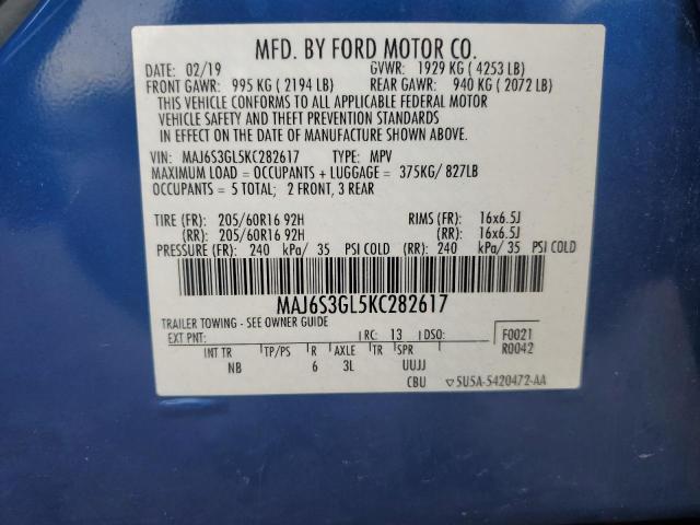 MAJ6S3GL5KC282617 - 2019 FORD ECOSPORT SE BLUE photo 13