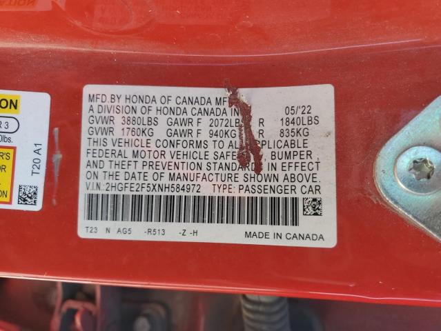 2HGFE2F5XNH584972 - 2022 HONDA CIVIC SPORT RED photo 12