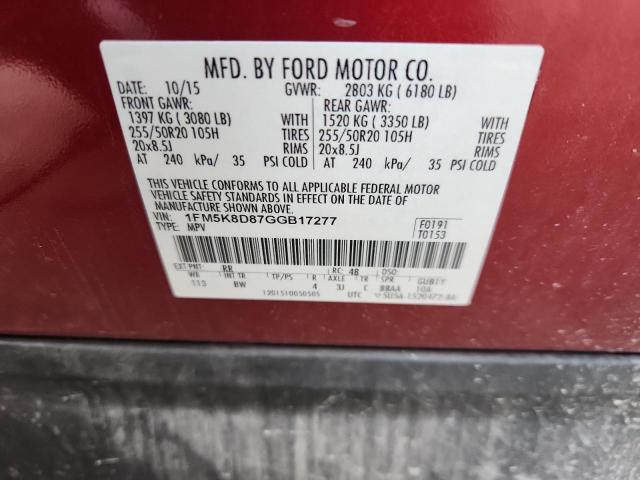 1FM5K8D87GGB17277 - 2016 FORD EXPLORER XLT RED photo 12