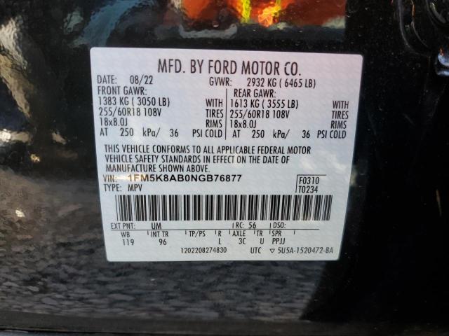 1FM5K8AB0NGB76877 - 2022 FORD EXPLORER POLICE INTERCEPTOR BLACK photo 12