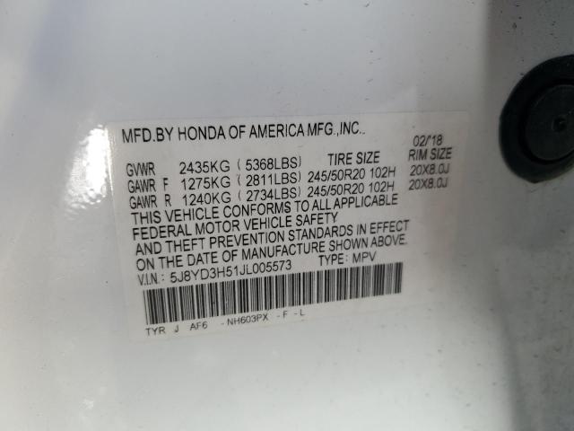 5J8YD3H51JL005573 - 2018 ACURA MDX TECHNOLOGY Blanco foto 12