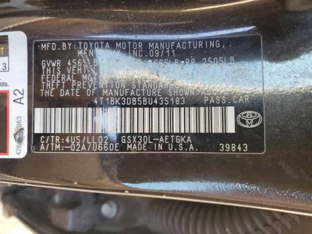 4T1BK3DB5BU435183 - 2011 TOYOTA AVALON BASE BLACK photo 12