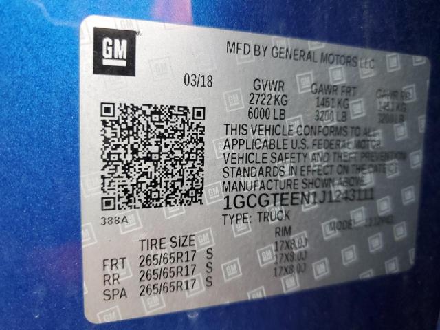 1GCGTEEN1J1243111 - 2018 CHEVROLET COLORADO ZR2 BLUE photo 12