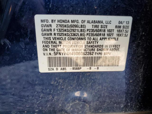 5FNYF4H49DB062262 - 2013 HONDA PILOT EX BLUE photo 13