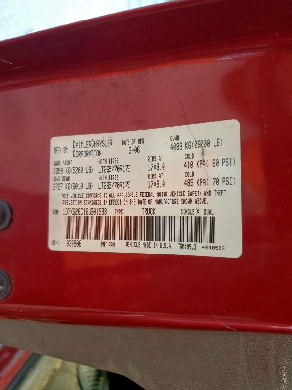1D7KS28C16J201993 - 2006 DODGE RAM 2500 ST წითელი ფოტო 12