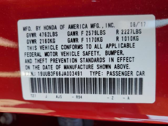 19UUB3F66JA003491 - 2018 ACURA TLX TECH+A Կարմիր լուսանկար 12