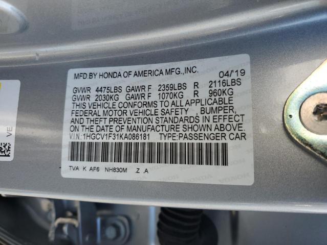 1HGCV1F31KA086181 - 2019 HONDA ACCORD SPORT ვერცხლისფერი ფოტო 12