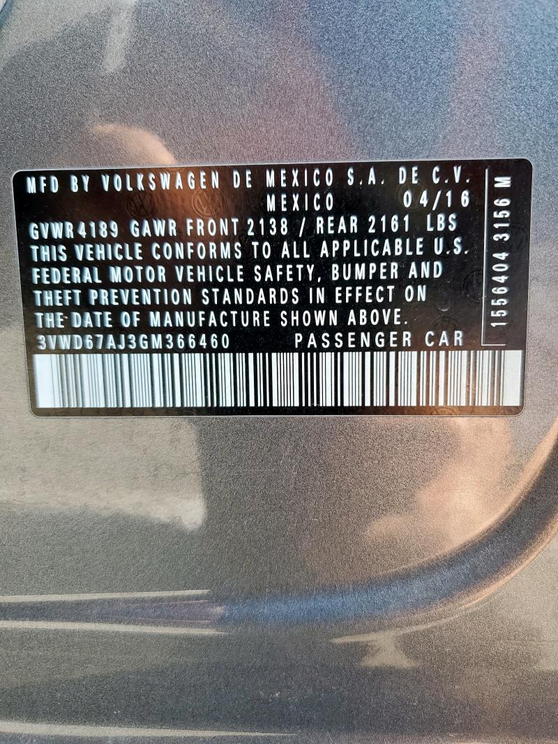 3VWD67AJ3GM366460 - 2016 VOLKSWAGEN JETTA SE GRAY photo 12