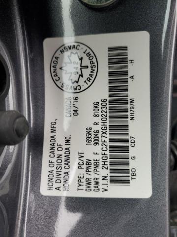 2HGFC2F7XGH022306 - 2016 HONDA CIVIC EX GRAY photo 13