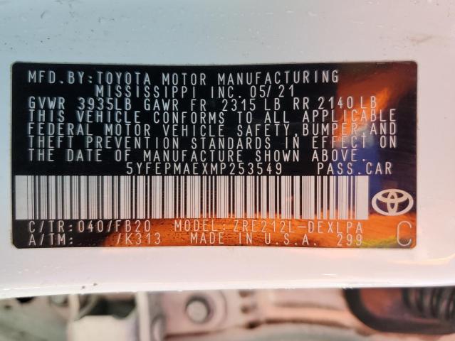 5YFEPMAEXMP253549 - 2021 TOYOTA COROLLA LE WHITE photo 12