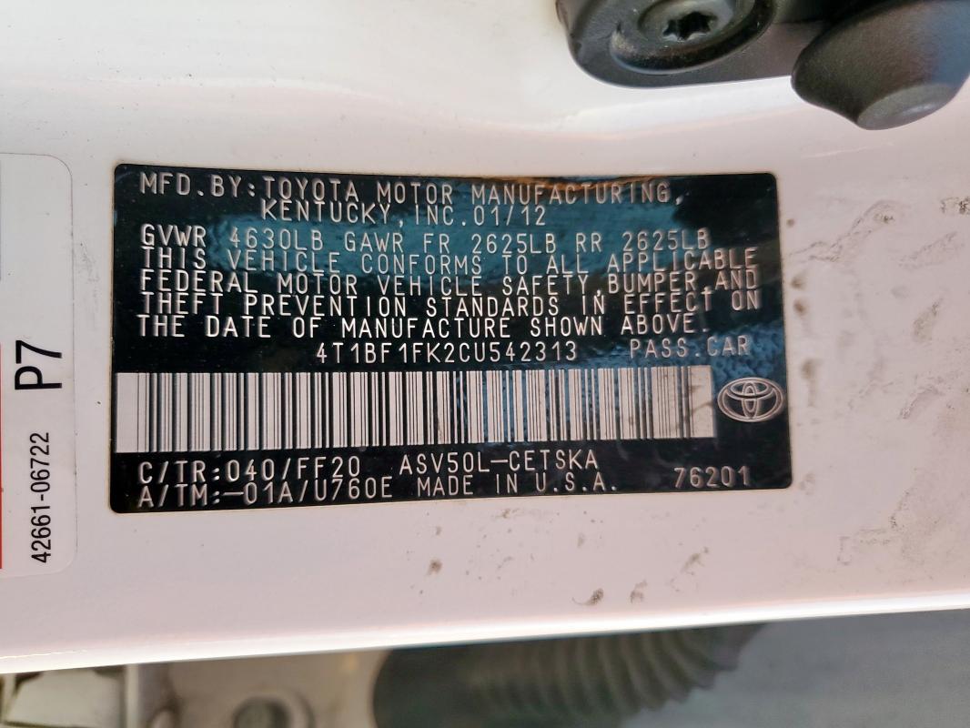 4T1BF1FK2CU542313 - 2012 TOYOTA CAMRY BASE 白色 照片 12