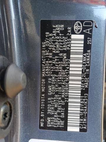 2T1BURHE1KC174752 - 2019 TOYOTA COROLLA L CHARCOAL photo 13