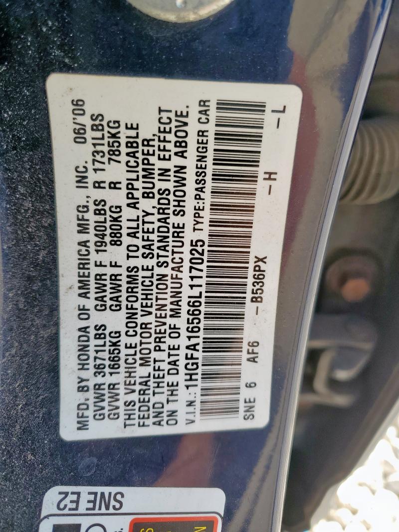 1HGFA16566L117025 - 2006 HONDA CIVIC LX 蓝色 照片 12