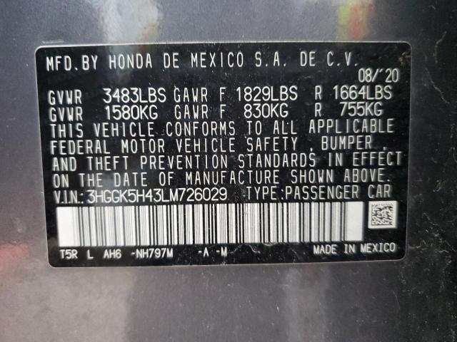 3HGGK5H43LM726029 - 2020 HONDA FIT LX 灰色 照片 12