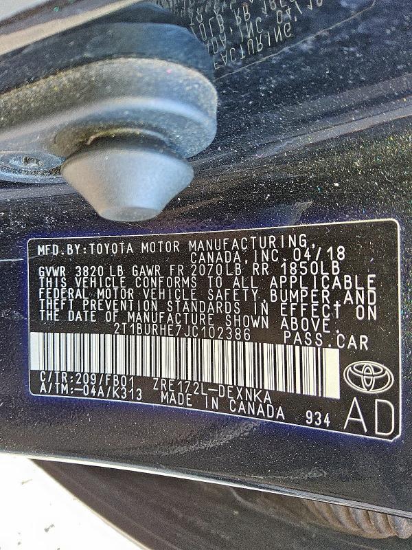 2T1BURHE7JC102386 - 2018 TOYOTA COROLLA L 黑色 照片 12