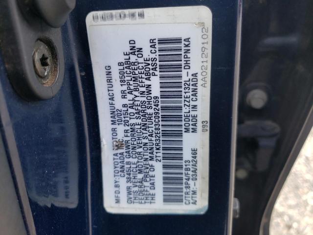 2T1KR32E83C092459 - 2003 TOYOTA COROLLA MA XR BLUE photo 12