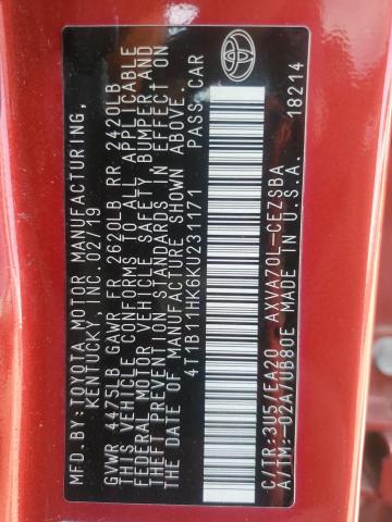 4T1B11HK6KU231171 - 2019 TOYOTA CAMRY L 红色 照片 12