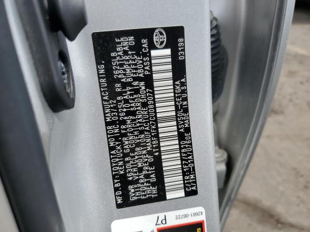 4T1BF1FK7CU089077 - 2012 TOYOTA CAMRY BASE Արծաթագույն լուսանկար 12