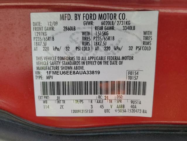 1FMEU6EE8AUA33819 - 2010 FORD EXPLORER EDDIE BAUER Czerwony zdjęcie 13