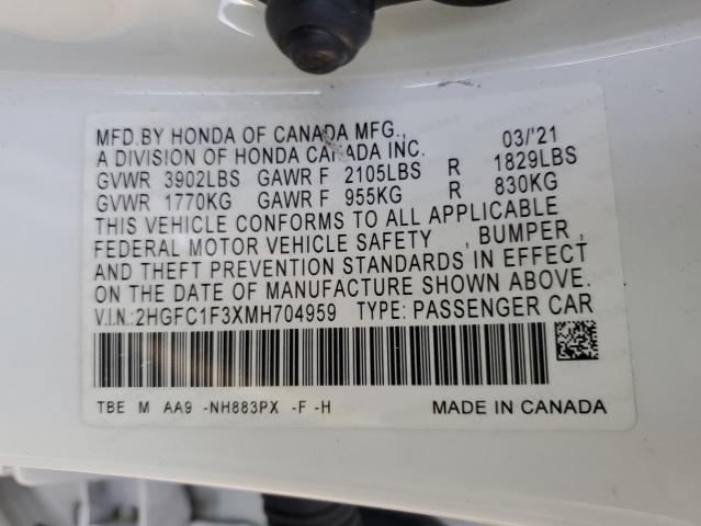 2HGFC1F3XMH704959 - 2021 HONDA CIVIC EX WHITE photo 12