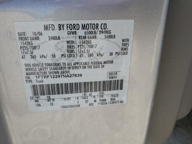 1FTRF12297NA27639 - 2007 FORD F150 SILVER photo 12