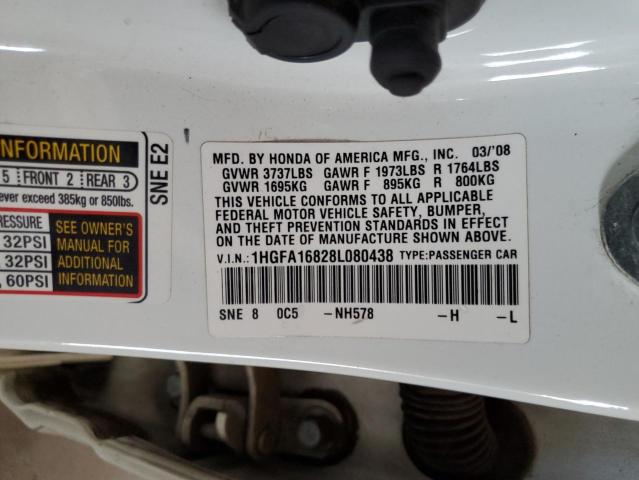 1HGFA16828L080438 - 2008 HONDA CIVIC EX Սպիտակ լուսանկար 12
