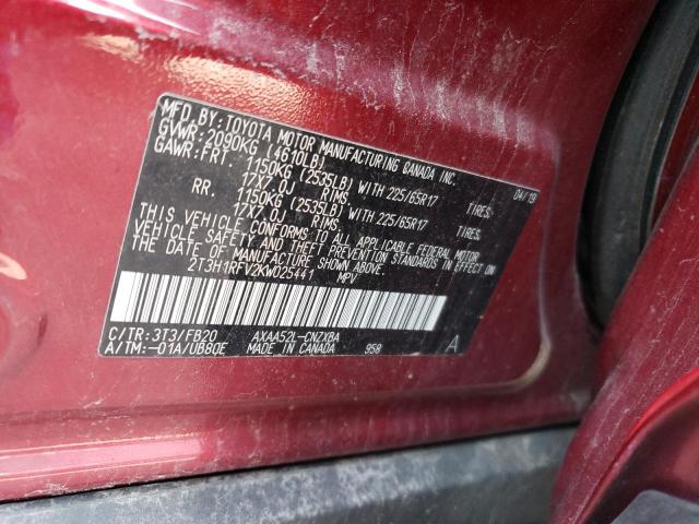 2T3H1RFV2KW025441 - 2019 TOYOTA RAV 4 LE RED photo 12