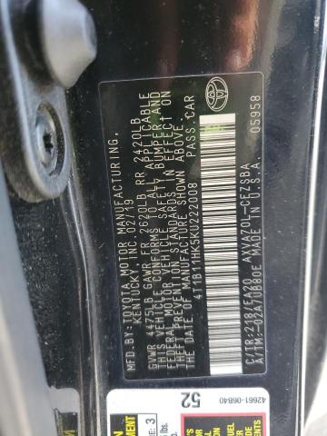 4T1B11HK5KU222008 - 2019 TOYOTA CAMRY L 黑色 照片 12