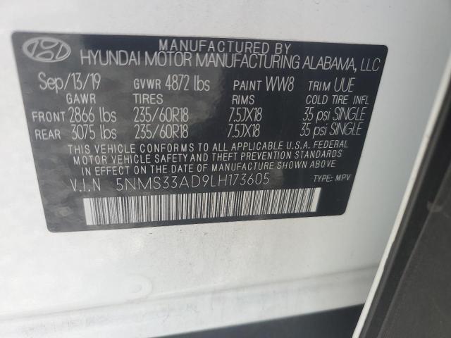 5NMS33AD9LH173605 - 2020 HYUNDAI SANTA FE SEL WHITE photo 14