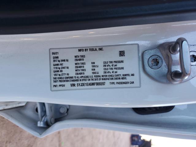 5YJ3E1EA6MF986597 - 2021 TESLA MODEL 3 WHITE photo 12