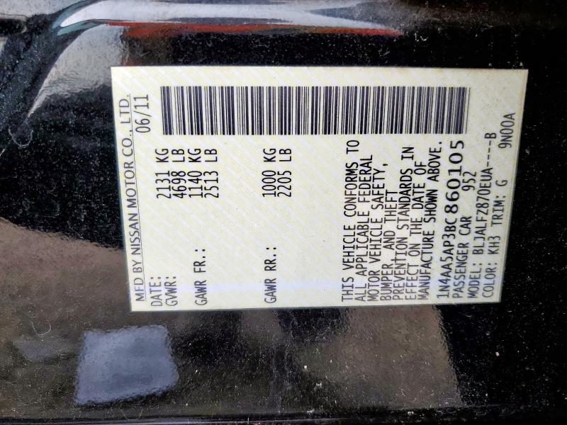 1N4AA5AP3BC860105 - 2011 NISSAN MAXIMA S Schwarz Foto 12