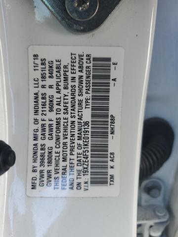 19XZE4F51KE019136 - 2019 HONDA INSIGHT EX თეთრი ფოტო 12