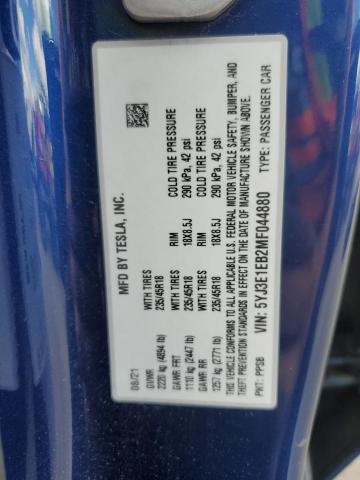 5YJ3E1EB2MF044880 - 2021 TESLA MODEL 3 蓝色 照片 12