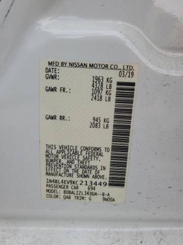 1N4BL4EV9KC213449 - 2019 NISSAN ALTIMA SL WHITE photo 12