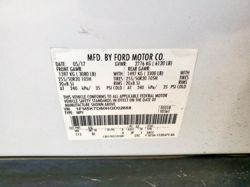 1FM5K7D80HGD02668 - 2017 FORD EXPLORER XLT WHITE photo 13