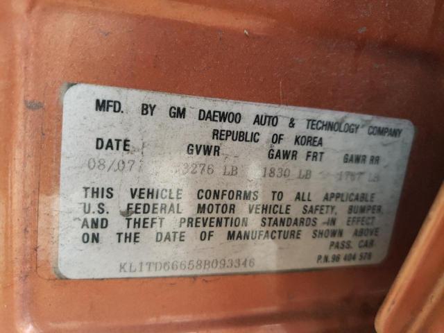 KL1TD66658B093346 - 2008 CHEVROLET AVEO BASE ORANGE photo 12