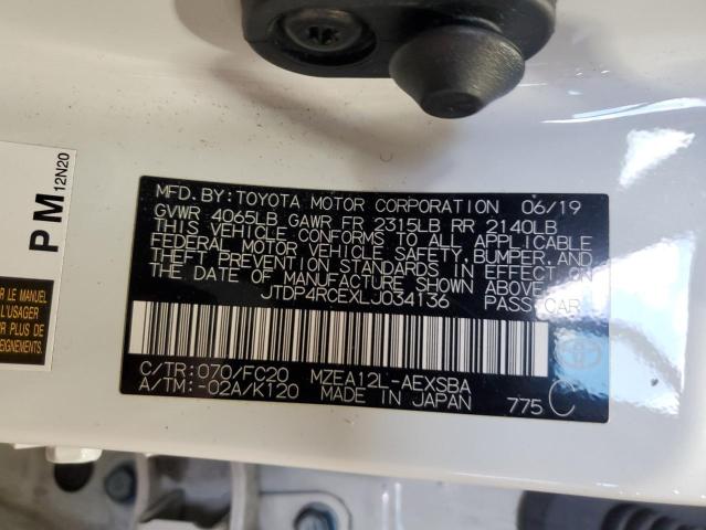 JTDP4RCEXLJ034136 - 2020 TOYOTA COROLLA SE 白色 照片 12