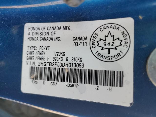 2HGFB2F50DH013093 - 2013 HONDA CIVIC LX BLUE photo 12